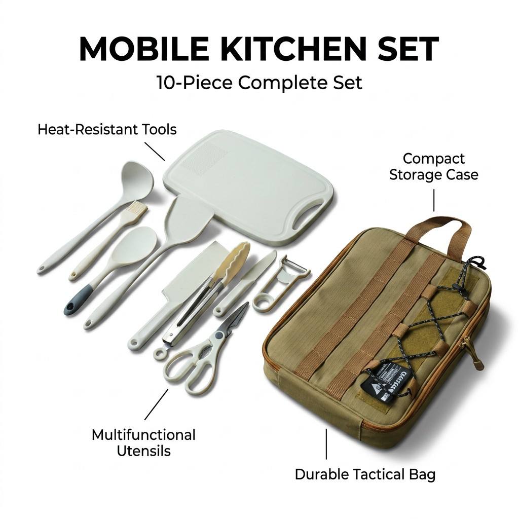 Outdoor Camping Kitchen Set - Tragbares 9-teiliges Camping-Küchengeschirr-Set Outdoor-Kochutensilien-Kit mit Aufbewahrungstasche